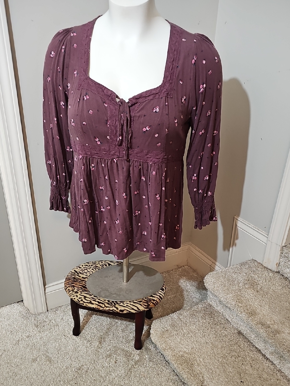 Women's Plum Floral Peasant Tunic with Front Tie
